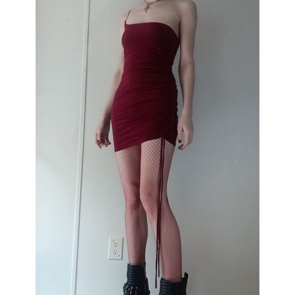Burgundy Ruched One Shoulder Mini Dress - Picture 1 of 15